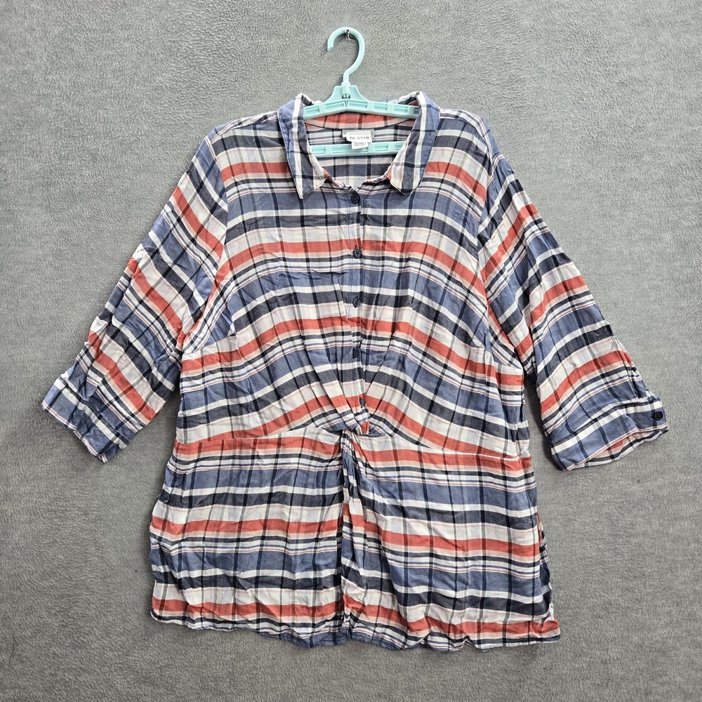 Catherines Women Button Up Shirt 2X Blue Plaid Collared‎ Twist Front 3/4 Sleeve
